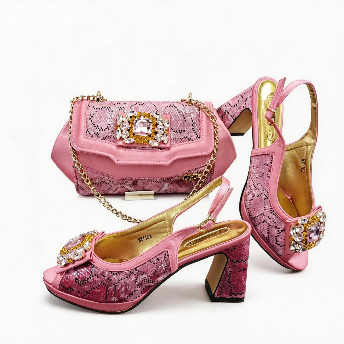 Newest Designer INS Style Pink Color Rhinestone Elegant African Women High Heels Nigeria Ladies Occasion Shoes And Bag Set