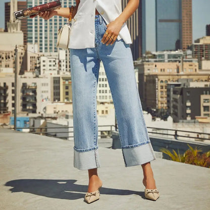 Women Baggy Jeans High Waisted Button up Denim Pants Elastic Cuffed Hem Straight Wide Leg Jeans with Pockets Streetwear