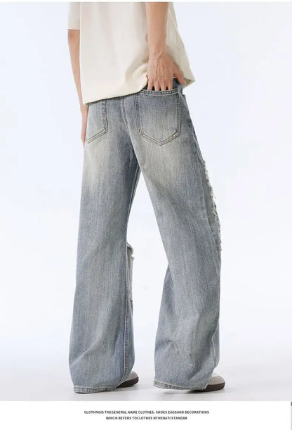 Male Ripped Pants Stretch Solid Blue Casual Men's Wide Leg Trousers Office Work Denim Pants Autumn Korean Vintage Straight Pants