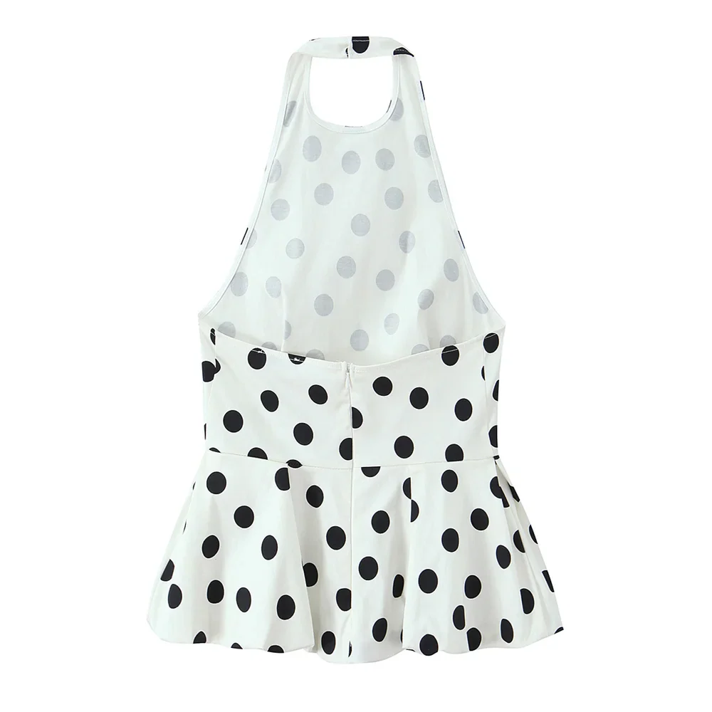 2026 new women's clothing sweet and fashionable hanging neck collar off shoulder polka dot balloon version vest top
