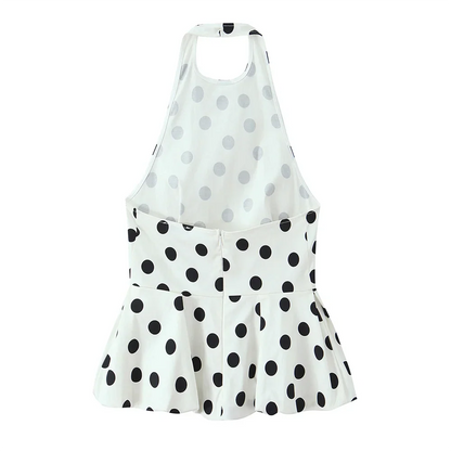 2026 new women's clothing sweet and fashionable hanging neck collar off shoulder polka dot balloon version vest top