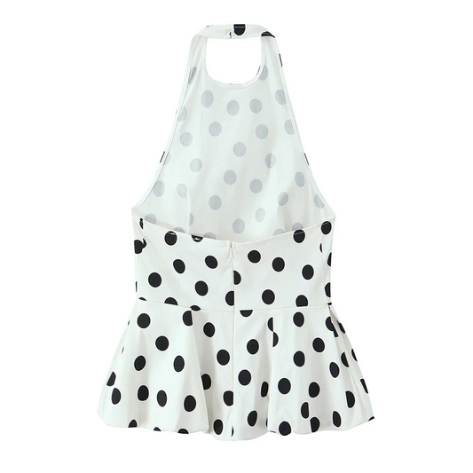 2026 new women's clothing sweet and fashionable hanging neck collar off shoulder polka dot balloon version vest top