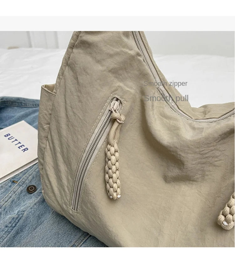 Summer Women Solid Color Shoulder Bag Fashion Lightweight Versatile Travel Crossbody Bag Commuter Nylon Large Capacity Hobo Bag