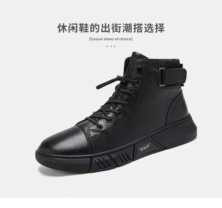 Ankle Boots Black PU Leather Men's Sports Shoes Autumn Winter Comfortable High-top Casual Fashion Platform Boots Man Round Head