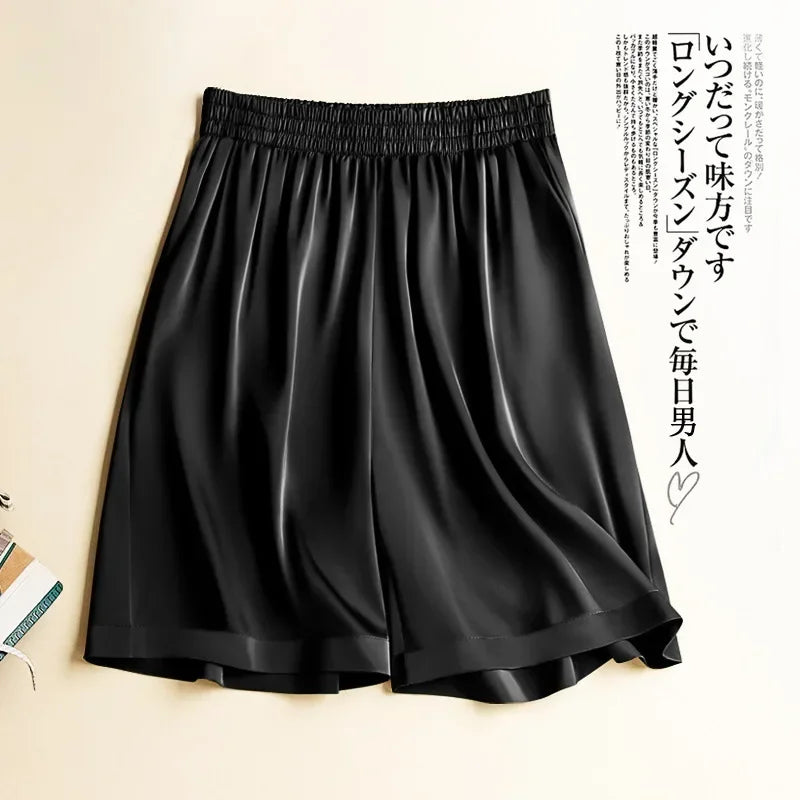 High Waist Ice Silk Acetate Shorts Pants Women's Summer Thin Satin Cropped Pants Casual Loose Plus Size Pajamas Women Shorts