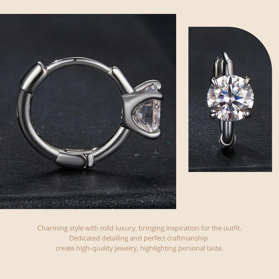 White Gold Plated Moissanite Hoop Earrings for Women, D Color Round Cut Lab Diamond 925 Silver Hypoallergenic Earrings