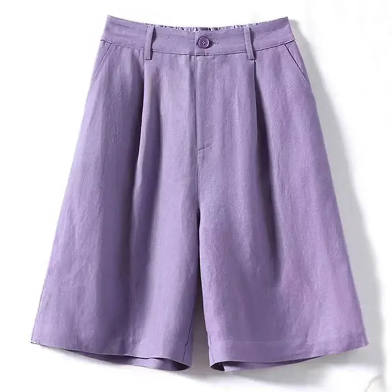 Cotton and Linen Shorts for Women Summer 2025 Loose High Waisted Wide Leg Pants Casual Versatile Solid Retro Straight Shorts