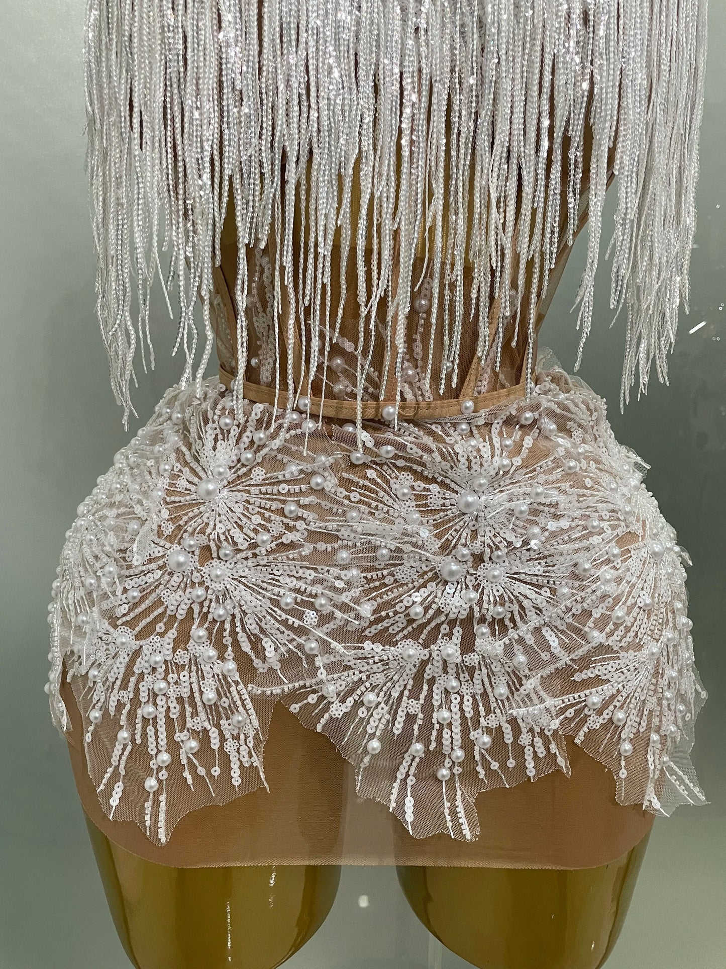 Pearl Sequins Tassel Sleeveless Glitter Mini Dress Women Singer Bar Nightclub Stage Performance Clothing Show Outfit