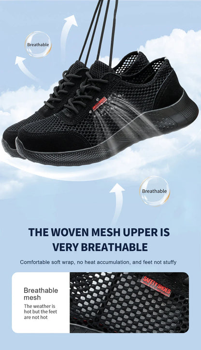 Men's Summer Steel Toe Safety Shoes Anti-Crush And Piercing Breathable Lightweight Outdoor Pure Black Work Shoes
