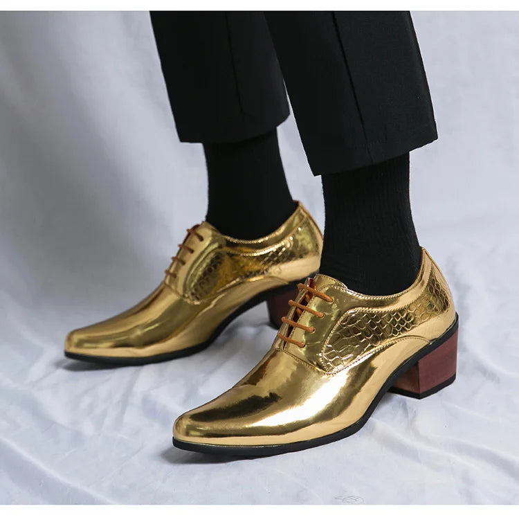 New 2025 Luxury Gold Men High Heel Leather Shoes Moccasins Designer Pointed Dress Shoes Men Wedding Formal Shoes Big Size 46