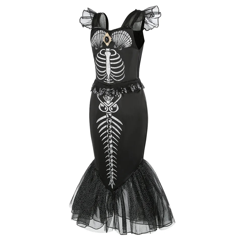 Fantasia de Esqueleto de Sereia Horripilante para Meninas Pequenas Halloween Princesa Gótica Vestido Trompete Ariel Negra Sereia Cosplay Vestido Roupa