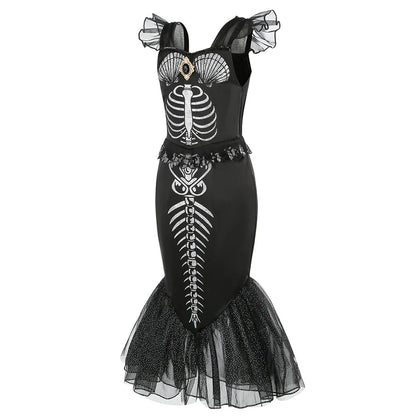 Fantasia de Esqueleto de Sereia Horripilante para Meninas Pequenas Halloween Princesa Gótica Vestido Trompete Ariel Negra Sereia Cosplay Vestido Roupa