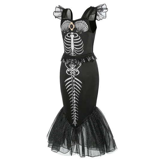 Horro Mermaid Skeleton Costume for Littler Girls Halloween Gothic Princess Trumpet Dress Black Ariel Siren Cosplay Apparel Frock