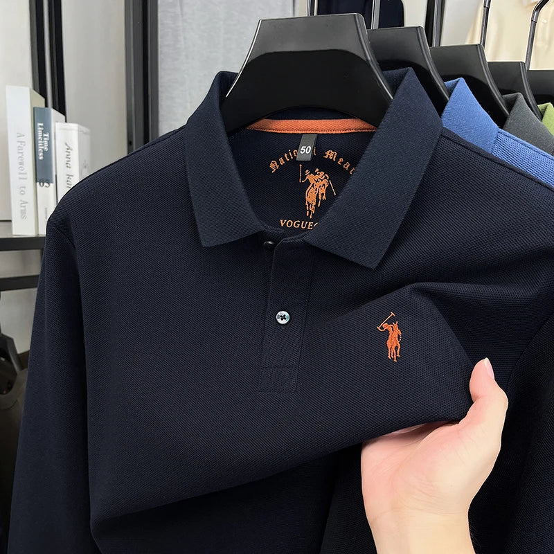 2025 New Cotton Long Sleeved T-shirt for Men, High End Embroidered Little Horse Logo Fashion Autumn/Winter Polo Top