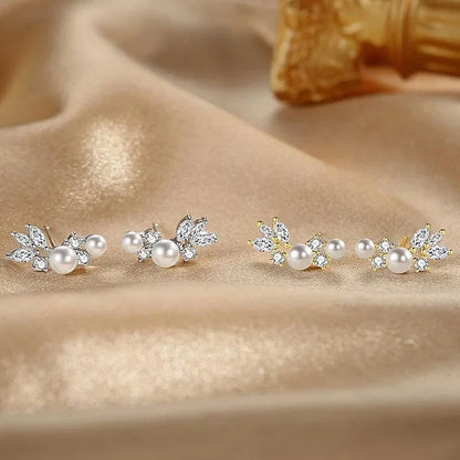 Graceful Gold Color/Silver Color Stud Earrings Lady Simulated Pearl Jewelry Chic Shiny Zirconia Accessories for Wedding