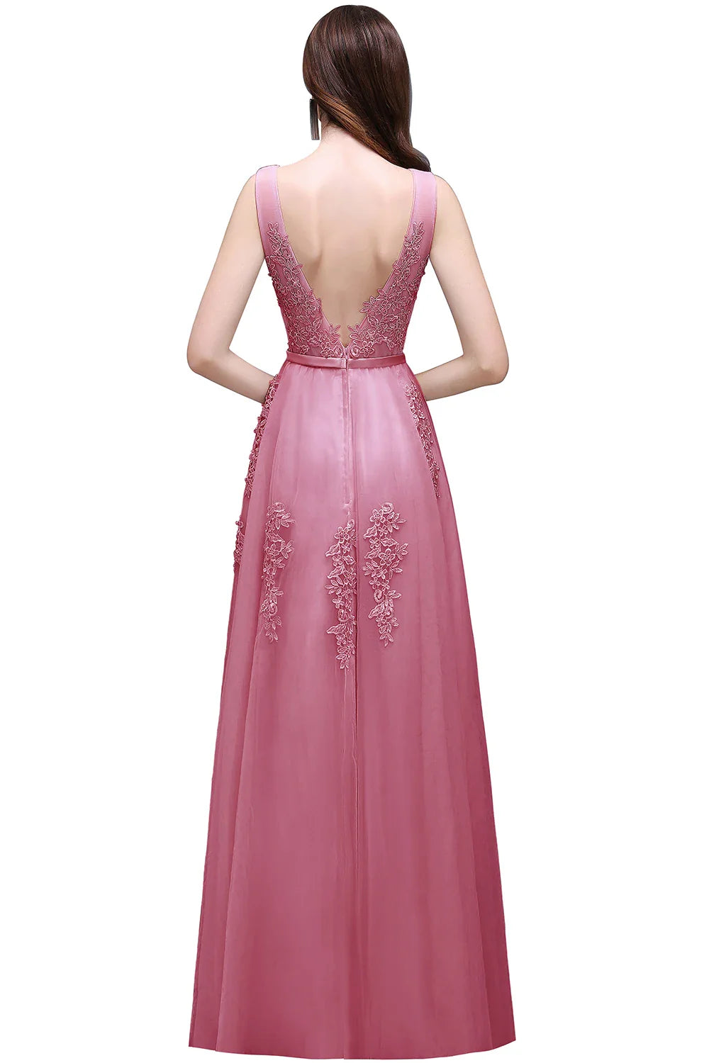 A-line V-neck Tulle Sleeveless Zipper Up Long Prom Applique V Neck Evening Gowns Formal Elegant And Pretty Women's Dresses