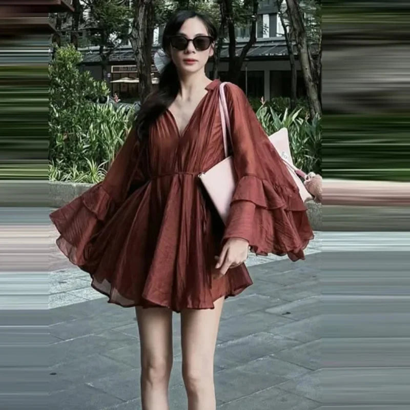 Woman 2025 Dress Ruffle Long Sleeve Mini Dress Summer Tie Fairy Short Dresses For Women Pleated Elegant Party Dresses 088