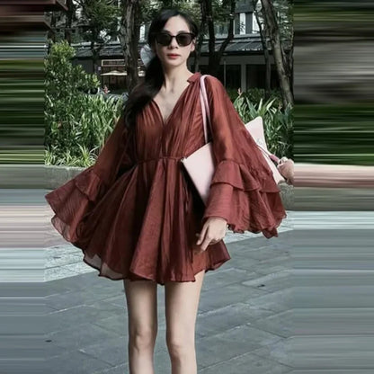 Woman 2025 Dress Ruffle Long Sleeve Mini Dress Summer Tie Fairy Short Dresses For Women Pleated Elegant Party Dresses 088
