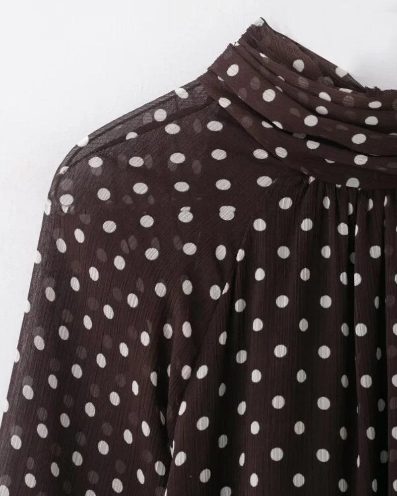 Elegant Women Polka Dot Blouse, Spring Bow Tie Lantern Sleeve Layered Neck Chiffon Shirt, Casual Daily Office Top