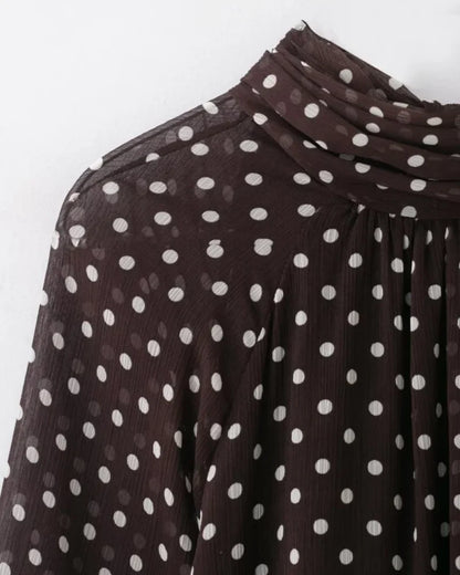Elegant Women Polka Dot Blouse, Spring Bow Tie Lantern Sleeve Layered Neck Chiffon Shirt, Casual Daily Office Top