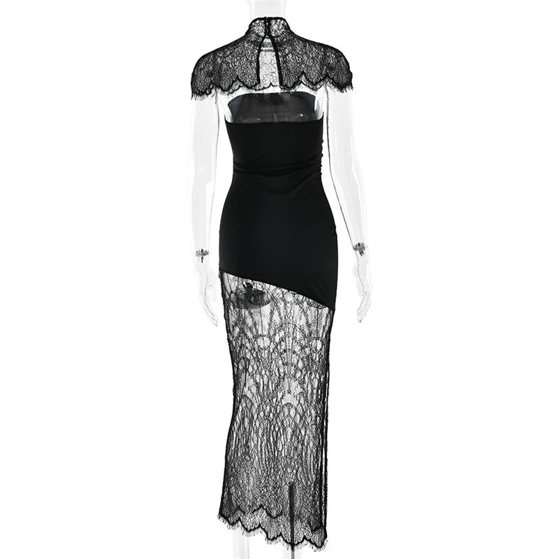 Lace Backless Sexy Mini Dress Women Gown Elegant See Through Turtleneck Sleeveless Bodycon Club Party Dresses Female