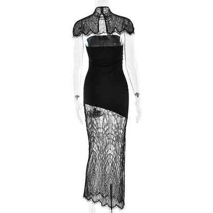 Lace Backless Sexy Mini Dress Women Gown Elegant See Through Turtleneck Sleeveless Bodycon Club Party Dresses Female