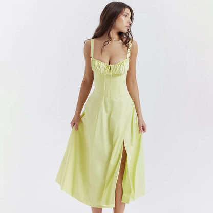 Women's Summer Floral Print Dresses Sweet Elegant Midi Holiday Dress Casual Slit Blue Lace Up Dresses 2023