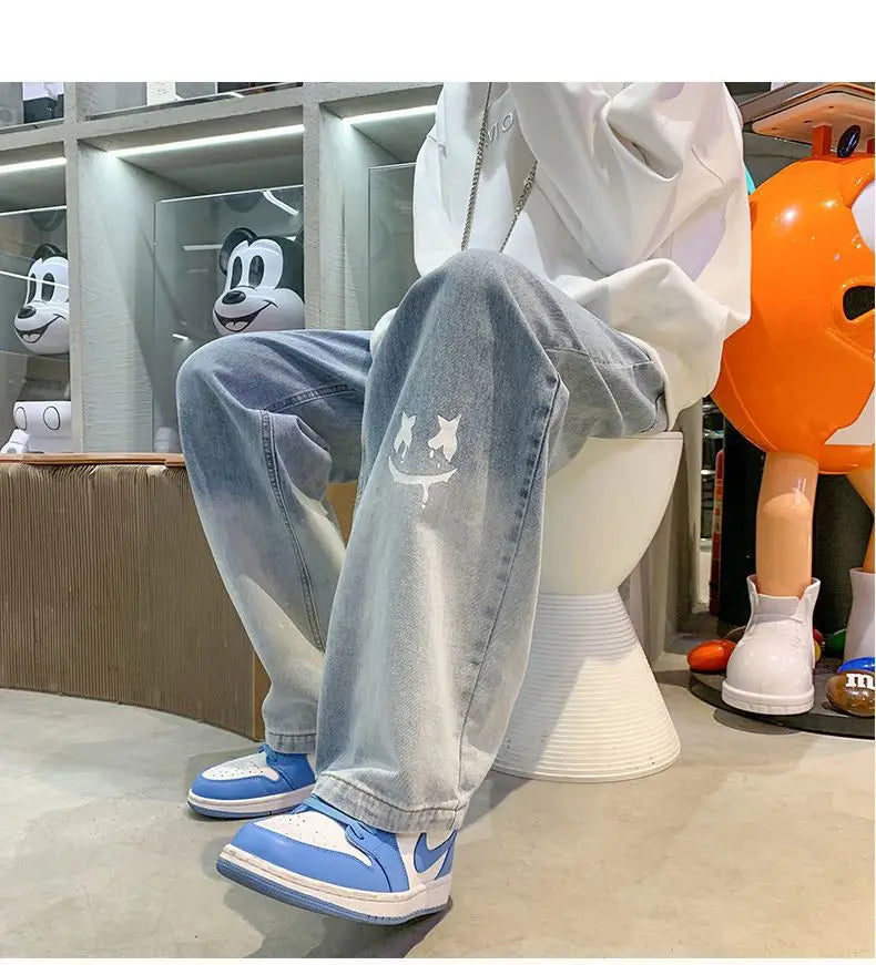 Harajuku Smile Print Baggy Pants Men Streetwear Wide Leg Oversize Jeans Vintage Y2k Straight Long Trousers Male 2024 Fashion