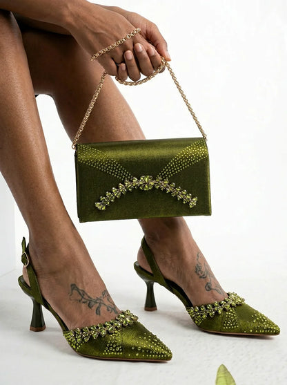 Italian Inspired Gold Rhinestone HAND CRAFTED UPPER Pointed Toe Women High Heels Shoes and Bag Set Elegant Party Shoes