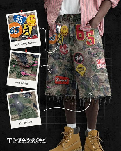 Retro Blue Streetwear Patchwork Denim Short Y2K Jeans Men Women Hip Hop Cartoon Graphics Loose Camo Denim Fitness Casual Shorts