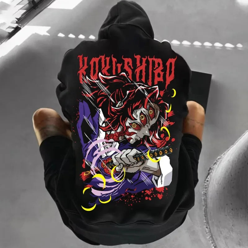 Print Black Hoodie, Oversized Streetwear Sweatshirt Men Women Long Sleeve Casual Autumn Top Unisex