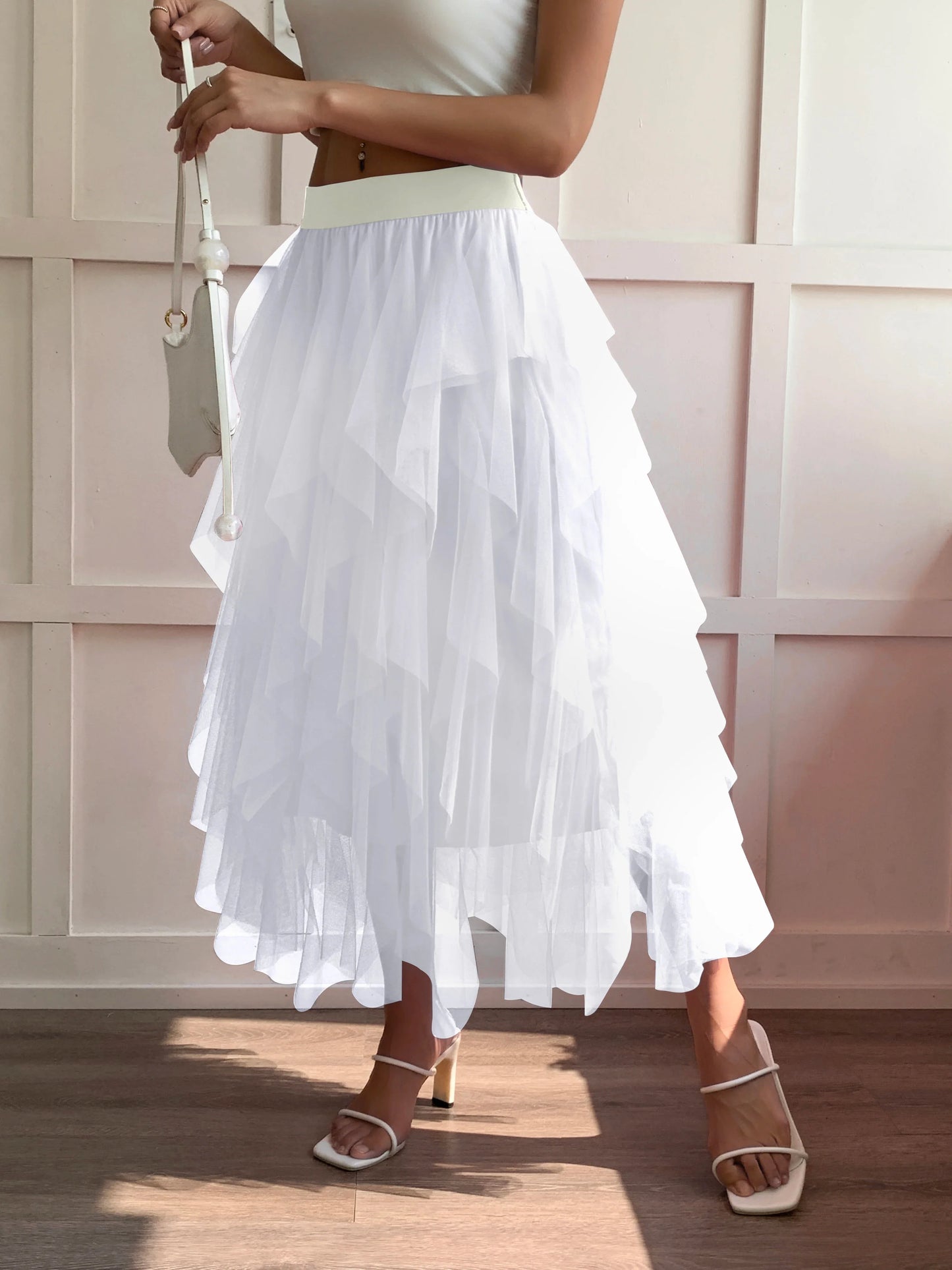 Medium waist chiffon long skirt for women, irregular layered pleated edge layered cake skirt, elegant fairy A-line skirt