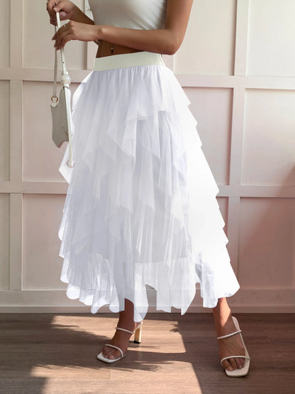 Medium waist chiffon long skirt for women, irregular layered pleated edge layered cake skirt, elegant fairy A-line skirt