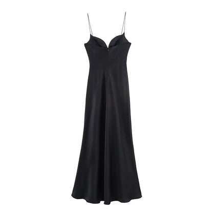 Women Red V-Neck Holiday Style Satin Texture Long Dress Sleeveless Summer Women's Back Zipper Fashion Sling Dresses