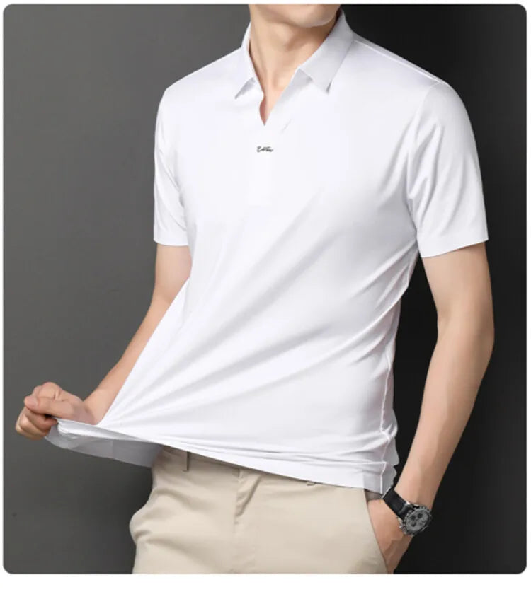 2024 High-quality Elastic Stretch POLO, Business Casual Men's Short-sleeved Shirt, Seamless V-neck M-4XL Men's Polo Shirt