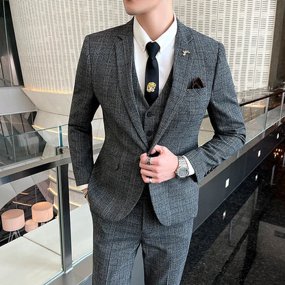 Boutique Suits (Blazer+ Vest + Pants) Men Fashion Hosting Work Business Wedding Casual Linen Art Style Elegant Gentleman's Suit