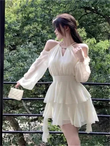 Dresses Women Hollow Out Design Chic Defined Waist Off-shoulder Ruffles Popular Long Sleeve Vestidos Gentle Sweet Spring Summer