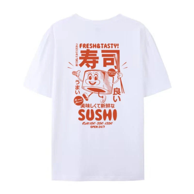 Retro Sushi Back Print Japanese Food T-Shirts Women Cute Funny Graphic Tees Oversized Streetwear Clothes Unisex Fashion Top Gift