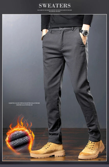 Winter Men Fleece Brand Jeans Fashion Soft Stretch Black Biker Masculino Denim Trousers Thick Velvet  Warm Pants Overalls