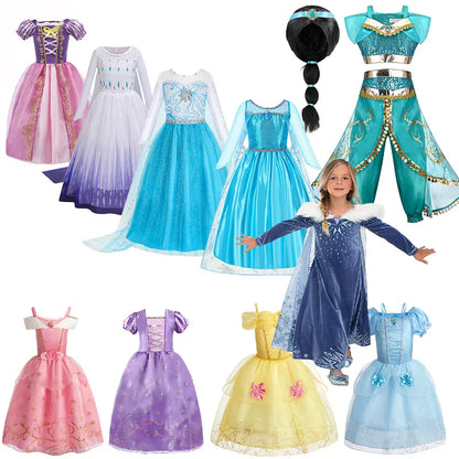 Jasmine Rapunzel Snow Queen Elsa Princess Dress Girl Mesh Sequin Dress Kids Cosplay Belle Aurora Costumes Carnival Party Gowns