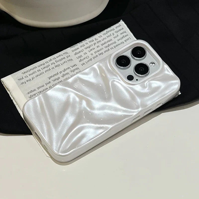 Pearl White Folds Texture Case For iPhone 16 13 14 11 12 Pro Max 15 Plus Stylish Glossy Soft TPU Phone Back Cover