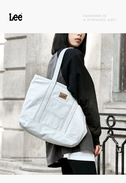 Unisex Utility Canvas Leather Zipper Tote Bag Casual Denim Daily Shopping Handbag Women Man Durable Student School Book Bag
