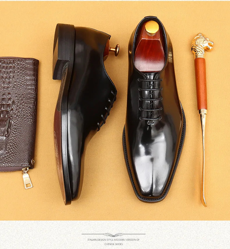 Genuine Leather Shoes for Men Dress British Business Party Lace Up Black Square Toe Fashion Casual Formal Suit Handmade Men Shoe