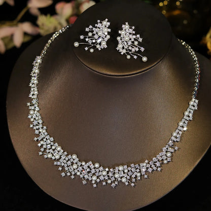 Gorgeous Cubic Zirconia Stone Choker Fashion Pearl Necklace for Women Wedding Bridal Costume Jewelry Set X0620