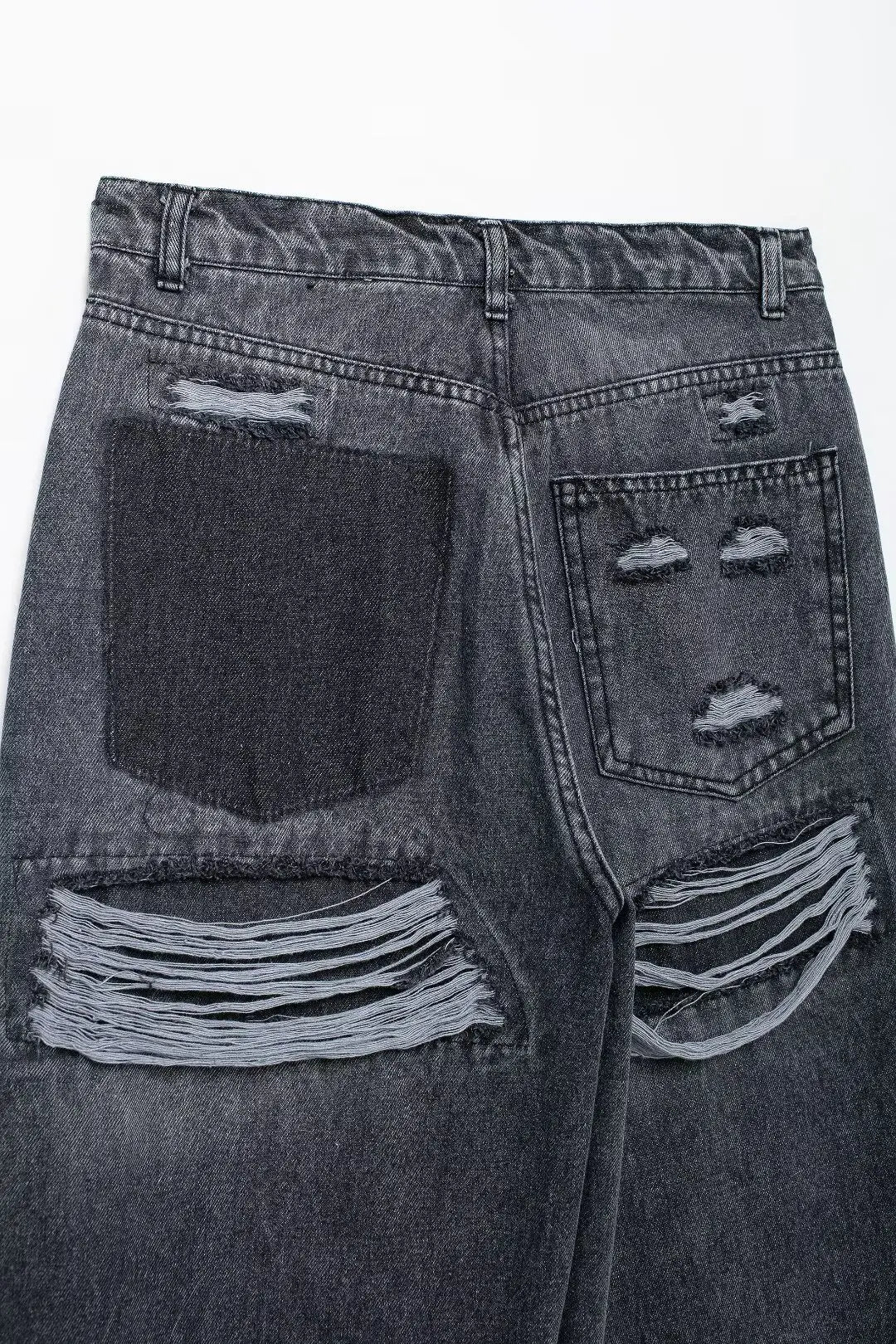 Women's Street Fashion Denim Blue Jeans Distressed Patchwork High Waist Zipper Fly Ripped Retro Long Pants