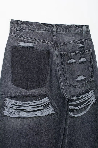Women's Street Fashion Denim Blue Jeans Distressed Patchwork High Waist Zipper Fly Ripped Retro Long Pants