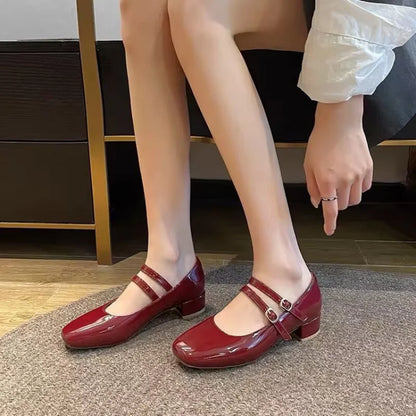 2025 New Women's Burgundy Patent Leather Mary Jane Pumps - Vintage-Inspired Double Gold Buckle Low Block Heel Dress Shoes