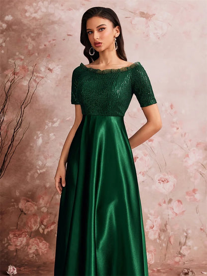 Luxury Green Sequins Off-shoulder Evening Dress 2025 Women Satin Wedding Party Prom Floor Lenght Cocktail Graduation Gown