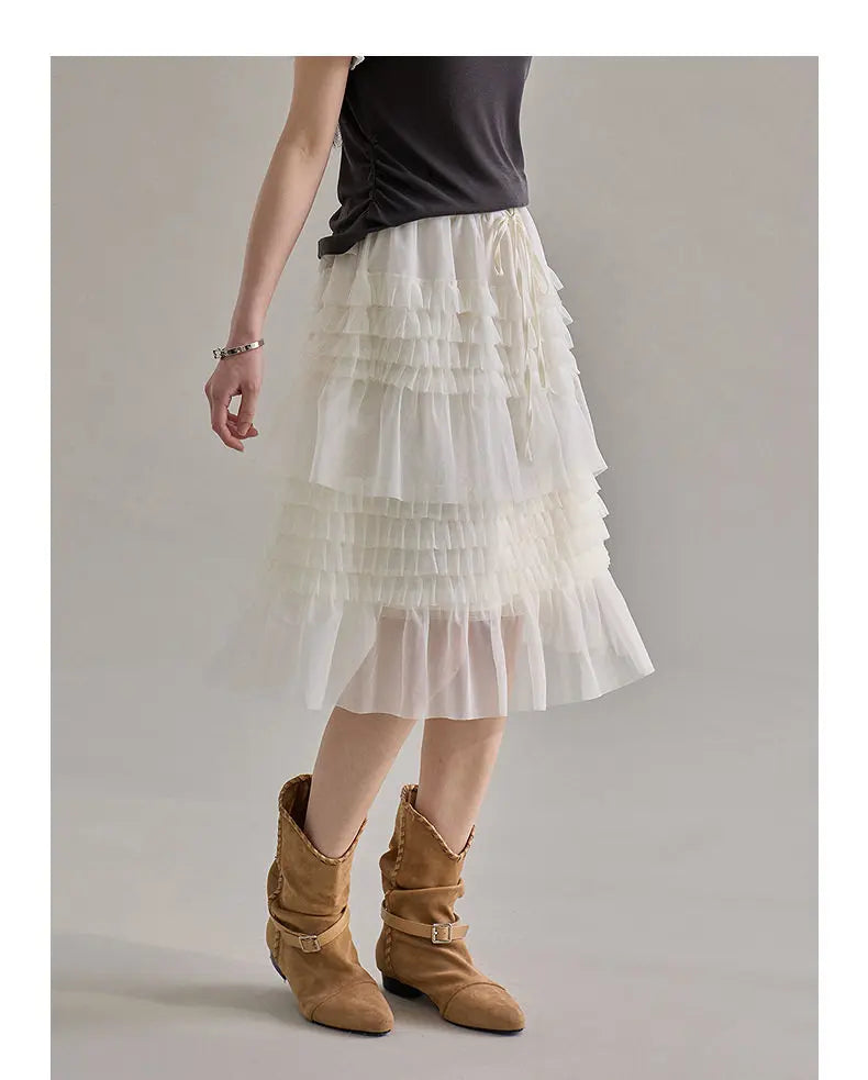 Korean Style Lace Elastic Waist Cake Skirt Mesh Puffy Skirt Women's Dress Knee Length Casual A-Line Skirt Micro Stretch No Slit
