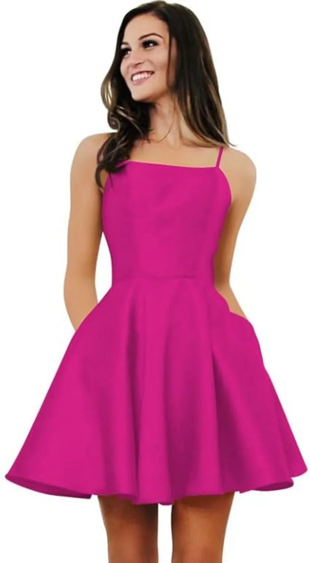 Short Homecoming Dresses for Teens With Pockets Spaghetti Straps Satin Prom Dress for Women A-line Knee Length Party Dress
